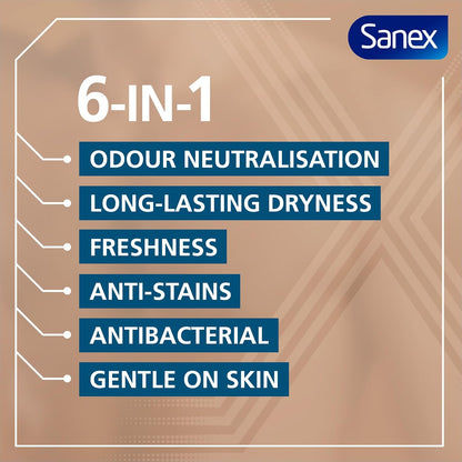 Sanex Men Active Control Antiperspirant Roll-On Deodorant 6x50ml, 72 hour sweat protection, anti-odour, long-lasting dryness, freshness, gentle on skin, antibacterial, 0% alcohol*