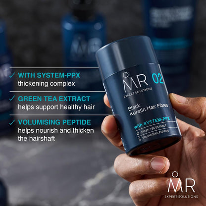 MR Hair Fibres Black 15g – Thinning Hair Concealer for Men, Instant Thickening Powder for Bald Patches, Natural Fuller Look, Keratin Formula, Paraben Free