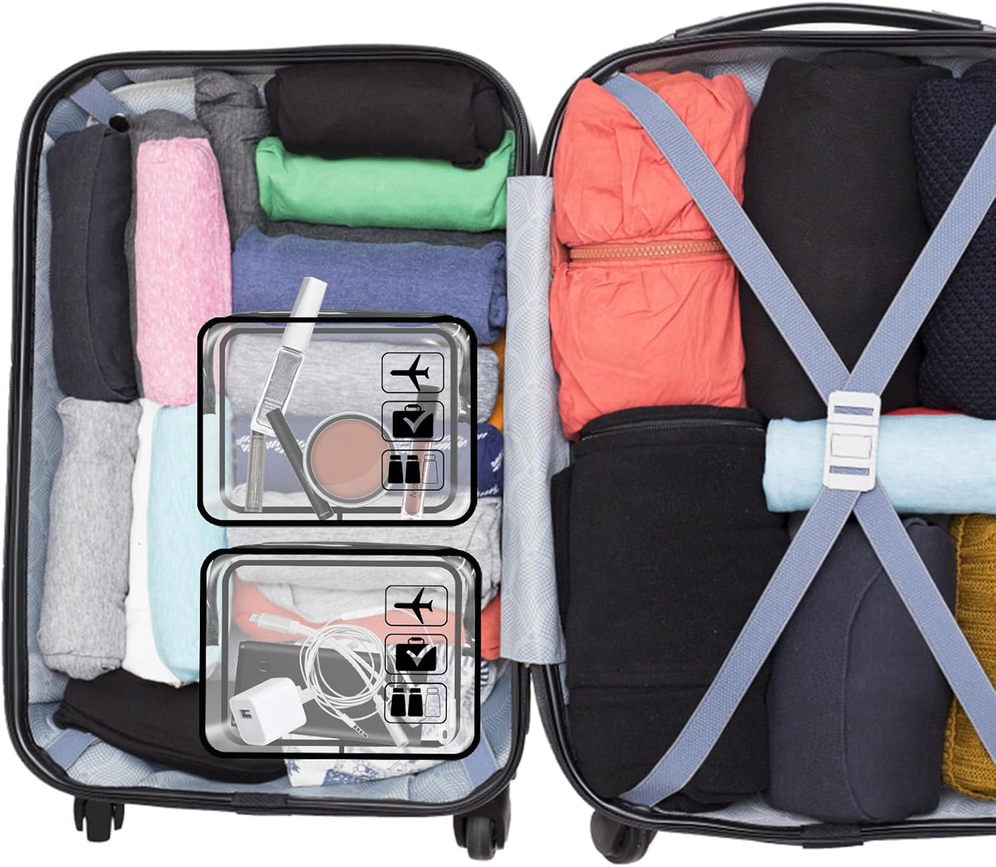 Clear Travel Toiletries Bag, 2 Pcs TSA Approved Toiletry Bag with Zippers Travel Accessories Portable Waterproof Cosmetic Clear Makeup Bag for Women and Men (Black)