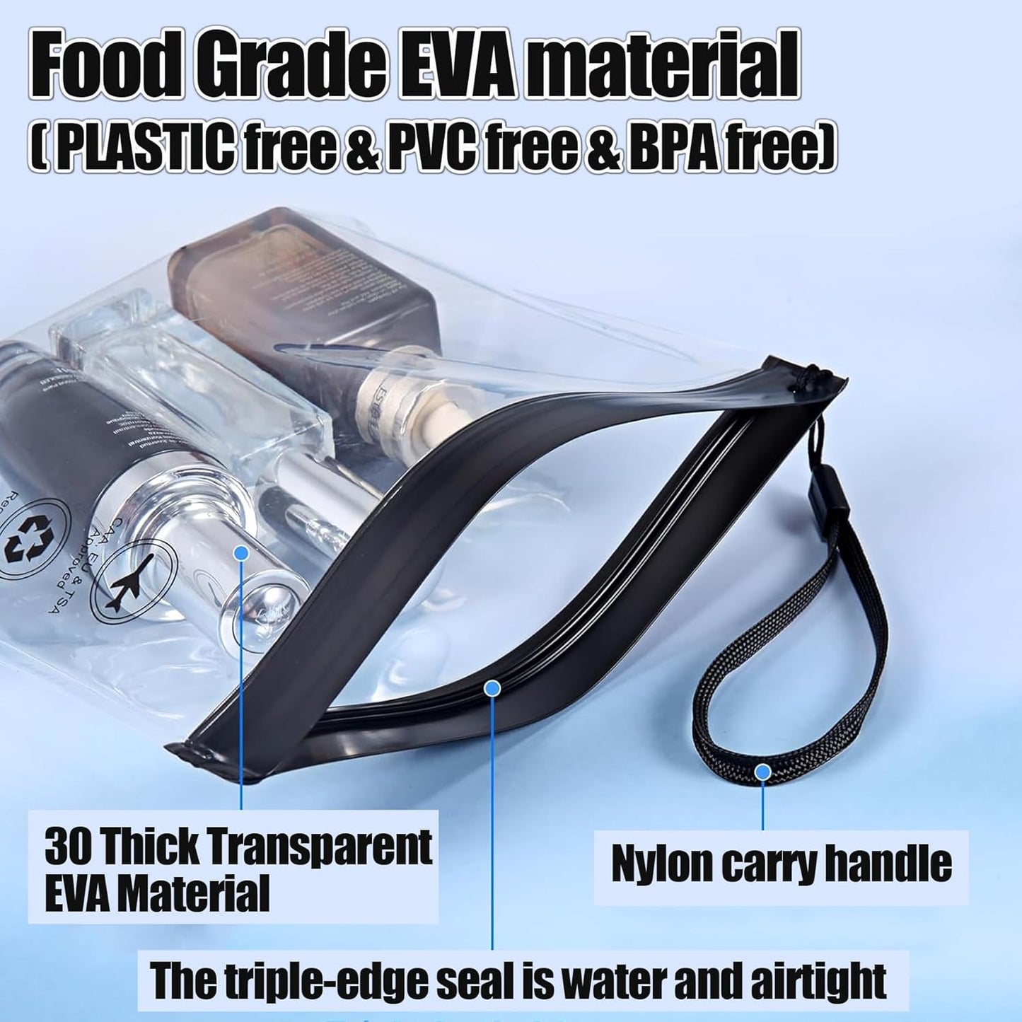 Caija-H 5pcs Clear Travel Toiletry Bag - Airport Security Liquids Bags, Airport Liquid Bag 20 x 20cm TSA Approved, Travel Accessories/Holiday Essentials Makeup Bags/HangLuggage for Men Women
