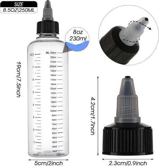 Abeillo 2 Pack Hair Color Applicator Bottle - 8.5oz Twist-On Top Tip Cap for Hair Oil and Root Dye - Plastic Squeeze Bottle With Graduated Scale