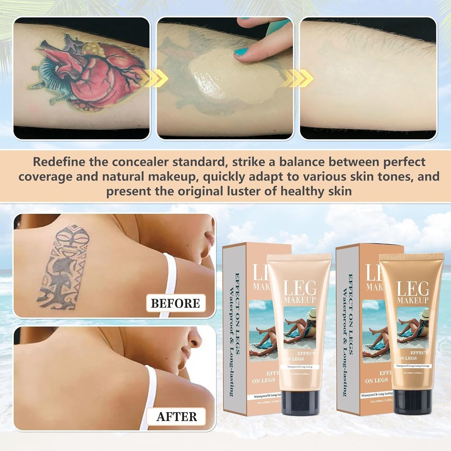 2pcs Body Coverage Perfector, Waterproof Leg Makeup, Tattoo Cover Up Cream All Over Complexion Perfect With Large Round Brush 48H Long Lasting Wear for Women（Light and neutral colors）