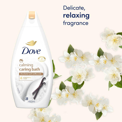 Dove Calming Caring Bath Bath Soak with ¼ moisturising cream, shea butter &amp; warm vanilla for an indulgent bubble bath 450 ml