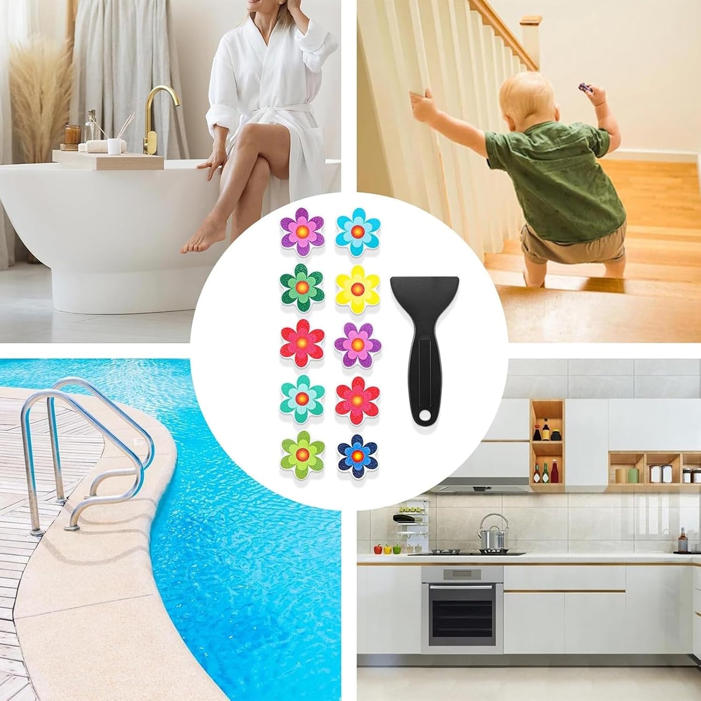 Colorful Flower Non-Slip Bathtub Strips, Bathtub Anti-Slip Adhesive Strips, Anti-Slip Tape Floor Safety Mat, With Scraper For Showering