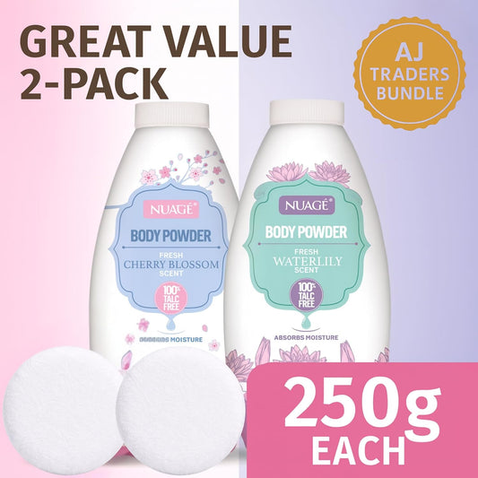 New Nuage Talc Free Body Powder, Cherry Blossom and Waterlily Scent, 250g, 2 Pack with 2X Upgraded Powder Puffs, Anti-Chafing, Absorbs Moisture for Men &amp; Women | AJ Traders Bundle |