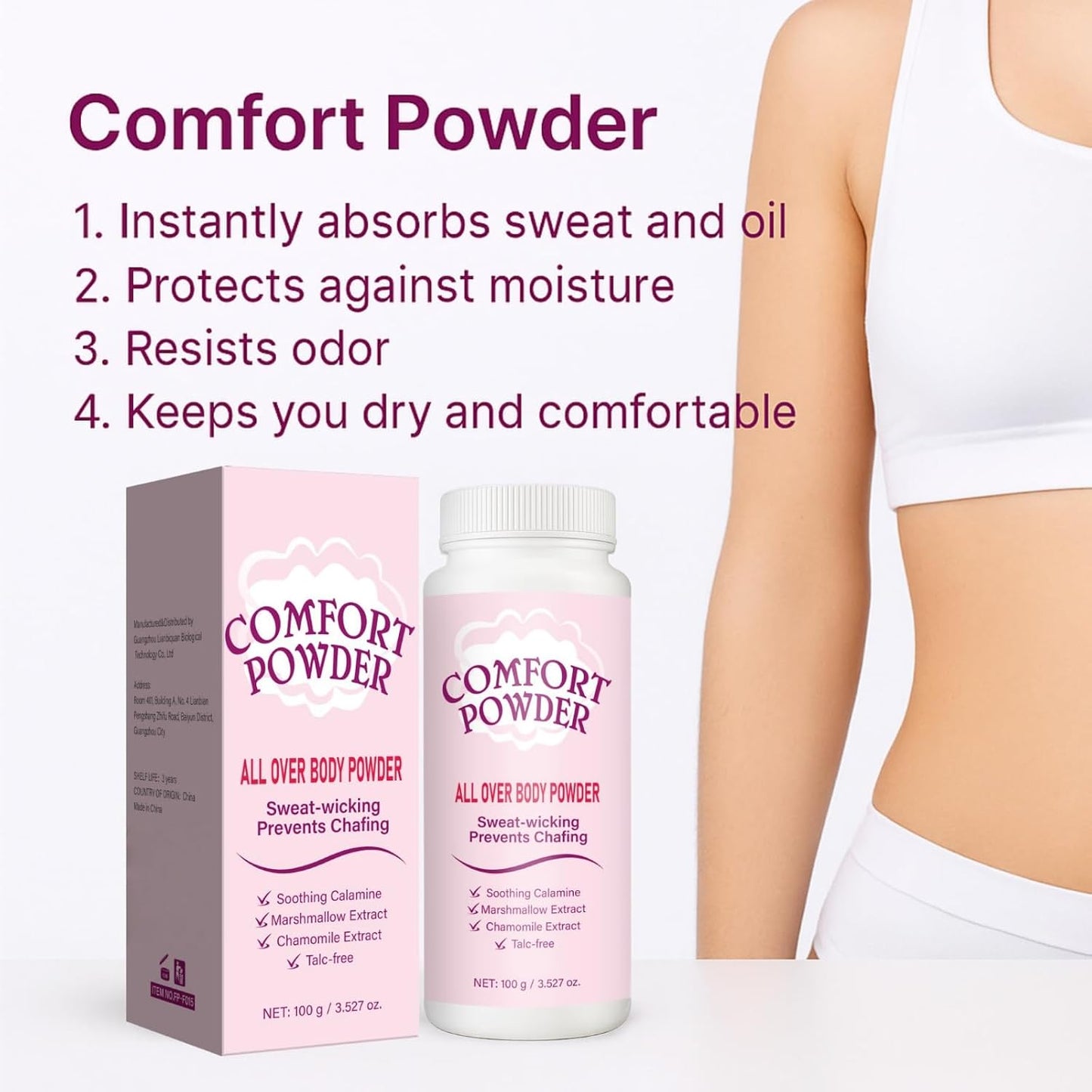 2PCS Dry &amp; Fresh Powder,Comfort Powder,Anti Chafing Deodorant,Talc-Free Body Powder for Women,Odor Removal,Fresh Scent,Talcum Po/wder,Groin and Underboobs,Controls Inner Thigh Chafing &amp; Sweat
