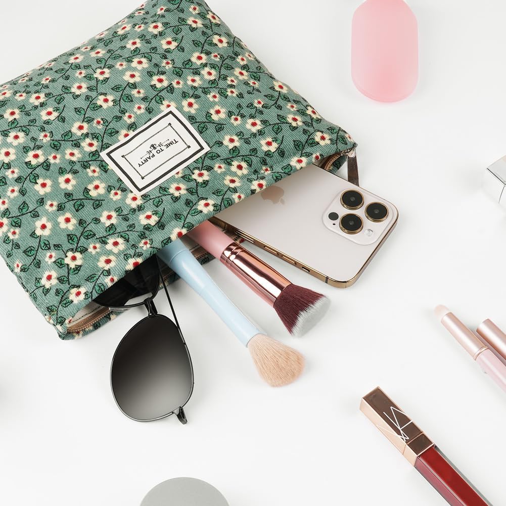 Aucuu Cosmetic Bags for Women, Small Floral Canvas Cosmetic Bag, Rose Flower Printing Corduroy Toiletry Bag, Multifunctional Travel Makeup Bag with Metal Zipper for Women Girls Gift - Green Flower