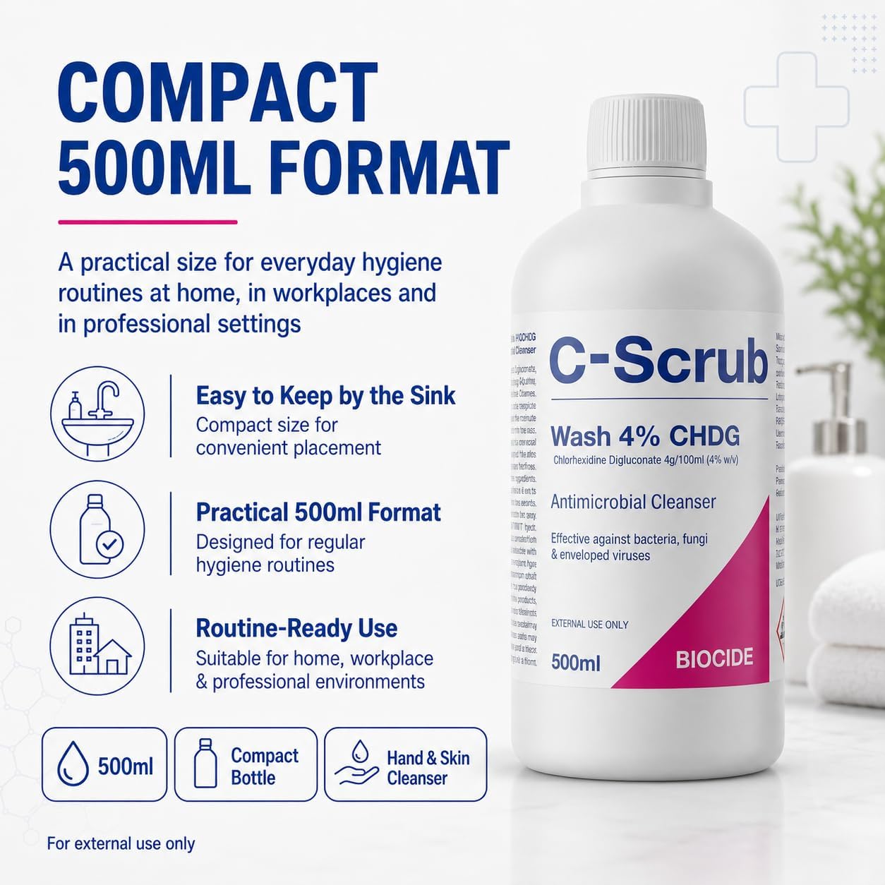 Wash Chlorhexidine 4% w/v | 500ml | Anti-Microbial Hand, Skin Cleanser | Pump Dispenser | Antibacterial Wash