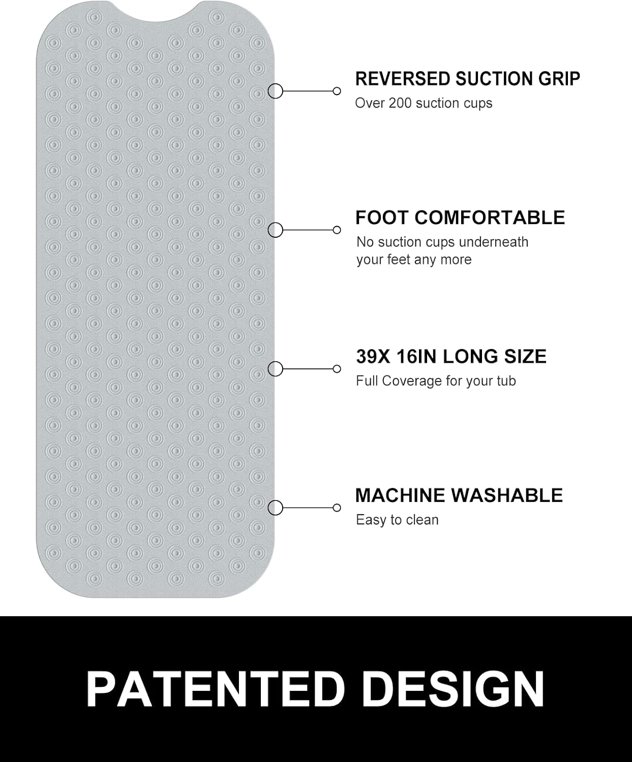 Yolife No Suction Cup Bath Mat: 40x100CM Extra Long Bathmat│Perfect for Refinished or Ordinary Bath Tubs│Made of Nature Rubber│a Blessing for the Elderly and Children (Grey)