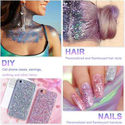URAQT Holographic Mermaid Sequins Chunky Cosmetic Glitter Face and Body Gel, Sparkling Festival Party Lotion for Face, Body, Eye, Hair, Nail Makeup and DIY Art (Silver)