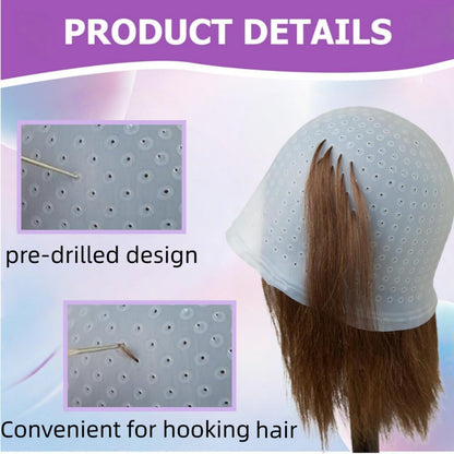 Silicone Highlighting Cap with Pre-Punched Holes, Reusable Professional Unisex Hair Streaking Cap with Hair Picking Hook for Hair Coloring Dyeing Staining, Salon and Home Use (White, 1 Pcs)