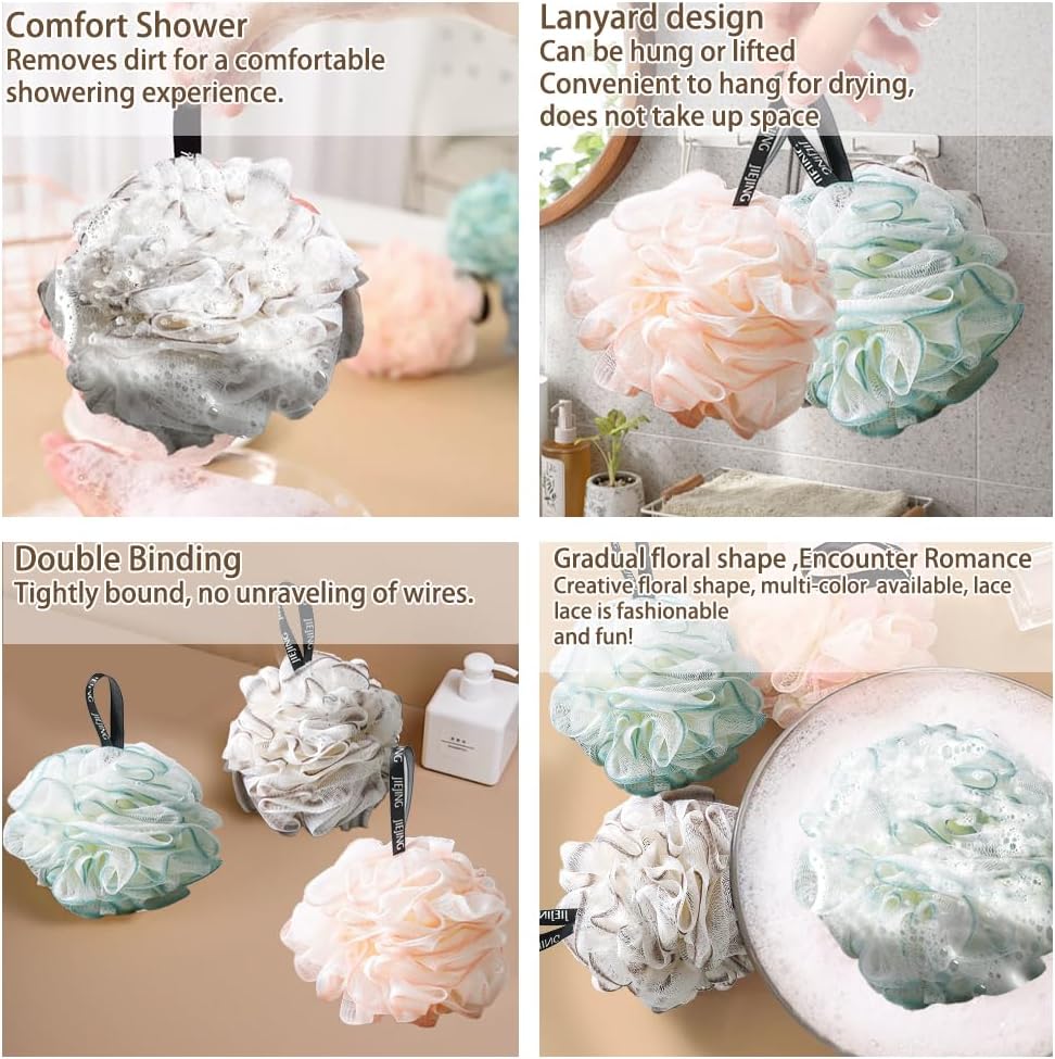 3pcs Loofah Sponge Shower Loofahs Bath Sponges Mesh Balls 3 Colors for Body Wash Back Scrubber Bathroom Men Women - Scrubber Cleaning Bathing Accessories