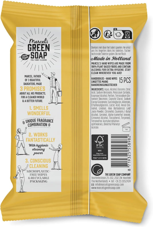 Marcel's Green Soap - Hygienic Hand Wipes Vanilla &amp; Cherry Blossom - Microplastic-free formula - Vegan - 15 wipes