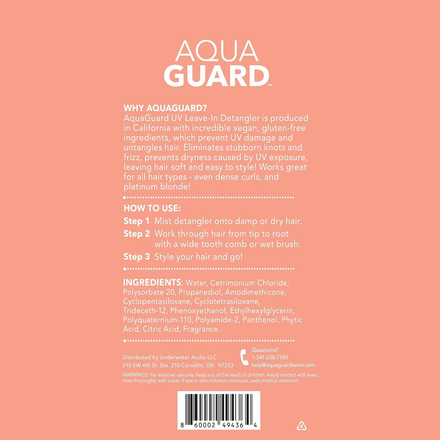 AQUA GUARD After-Swim UV Leave-In Detangler - Protects Hair From the Sun for Smooth, Silky Feel - Paraben &amp; Gluten Free, Vegan, Color Safe, Leaping Bunny Certified