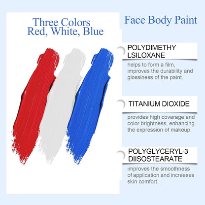 3PCS Blue White Red Face Body Paint Kit,Water Based Face Painting for Halloween SFX Makeup,Full-coverage Body Paint with sponges for Joker Clown Devil Spider-man Halloween Costume Cosplay