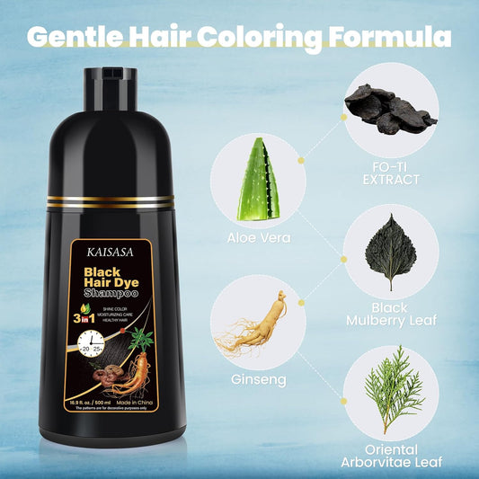 Black Hair Dye Shampoo 3 in 1, Natural Hair Dye Semi Permanent Color, Gray Hair Cover Up for Treated Color for Women and Men, 500ML