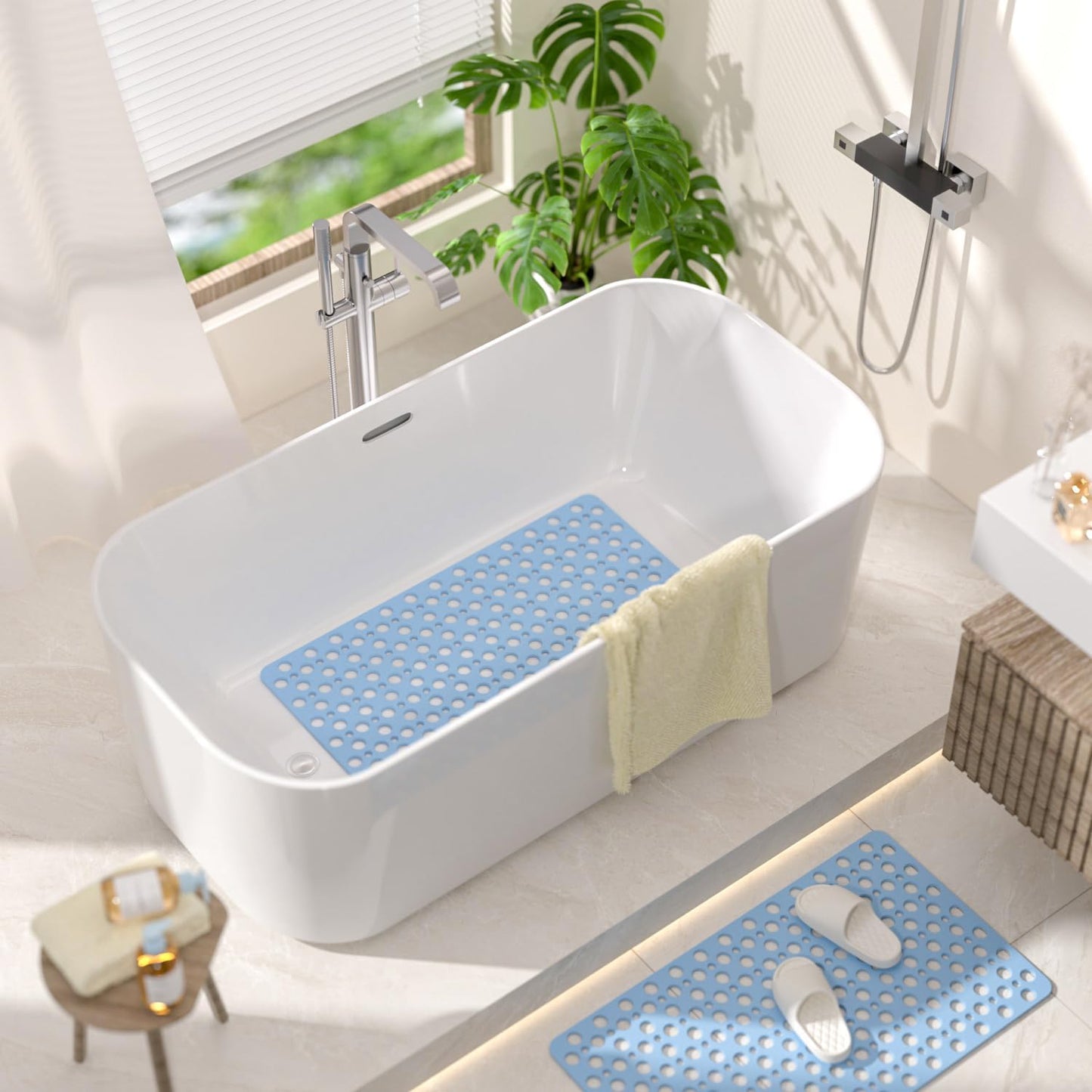 HITSLAM Bath Mat Non Slip Anti Mould, 70 x 38cm TPE Shower Mat for Bathtub &amp; Shower, Machine Washable with Large Drain Holes and Strong Suction Cups, Fast Draining, Blue