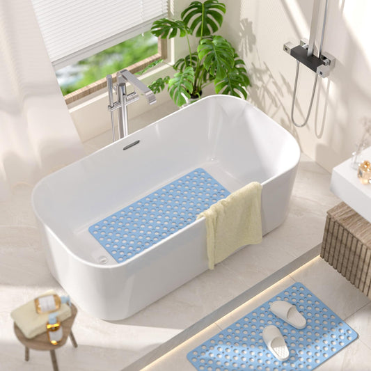 HITSLAM Bath Mat Non Slip Anti Mould, 70 x 38cm TPE Shower Mat for Bathtub &amp; Shower, Machine Washable with Large Drain Holes and Strong Suction Cups, Fast Draining, Blue