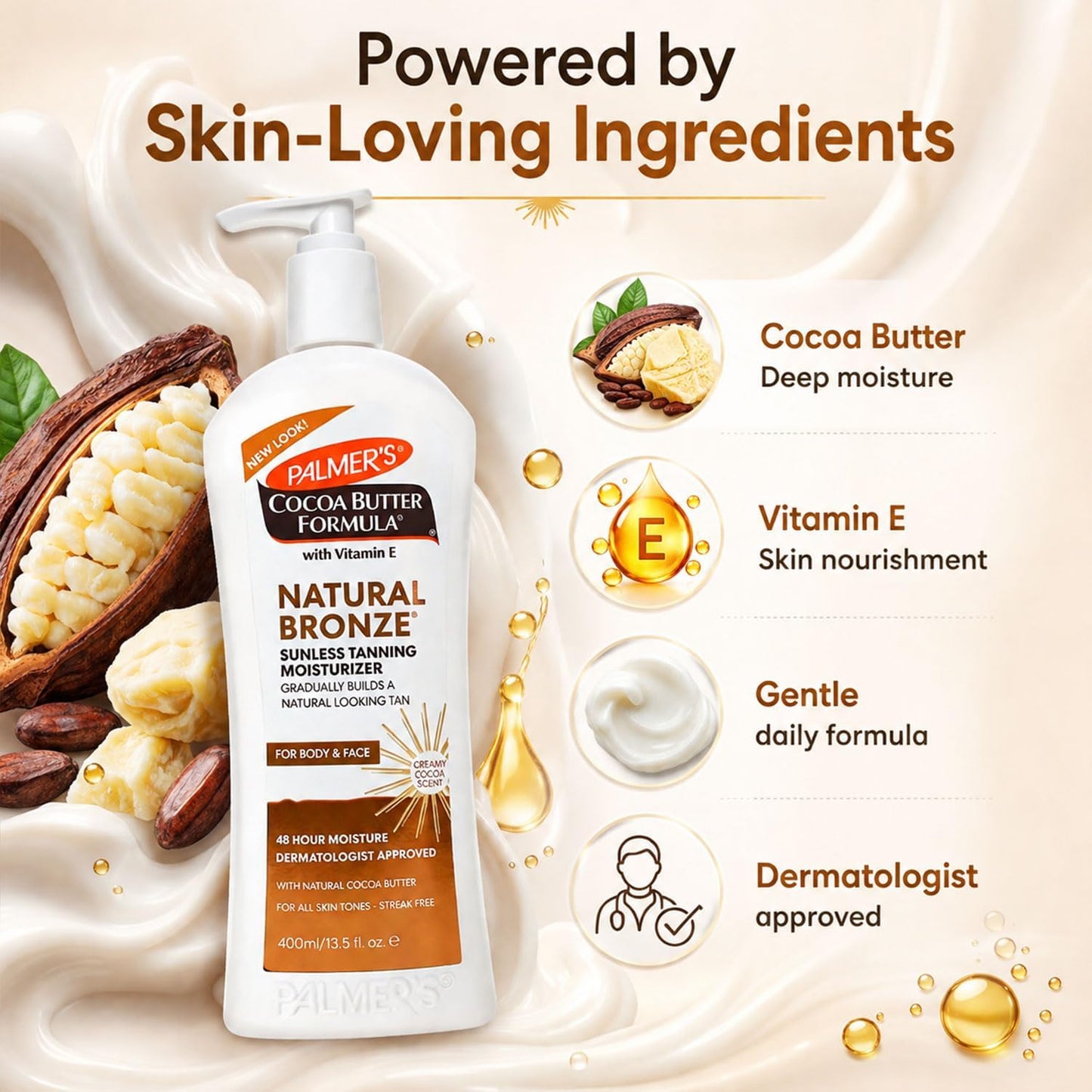 Palmer’s Cocoa Butter Natural Bronze Gradual Tanning Moisturiser 400ml with Vitamin E – Self Tan Lotion for Face &amp; Body, Hydrating, Streak-Free, Long Lasting Glow