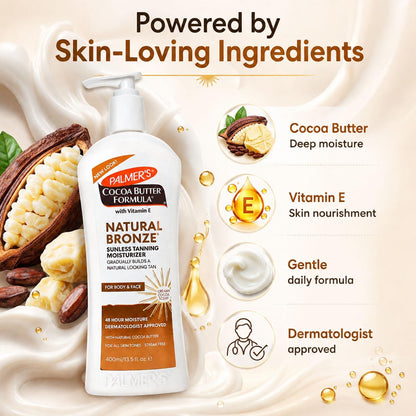 Palmer’s Cocoa Butter Natural Bronze Gradual Tanning Moisturiser 400ml with Vitamin E – Self Tan Lotion for Face &amp; Body, Hydrating, Streak-Free, Long Lasting Glow