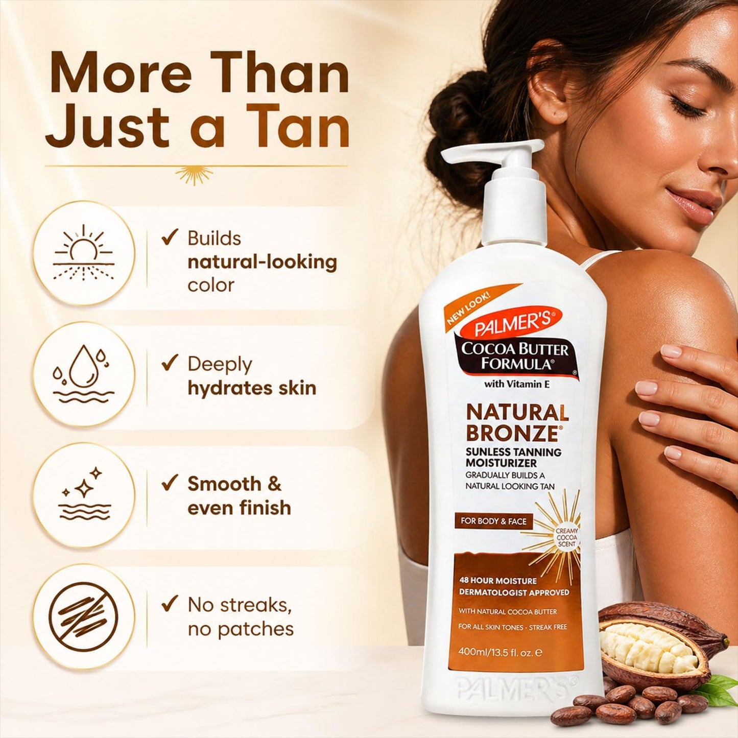 Palmer’s Cocoa Butter Natural Bronze Gradual Tanning Moisturiser 400ml with Vitamin E – Self Tan Lotion for Face &amp; Body, Hydrating, Streak-Free, Long Lasting Glow