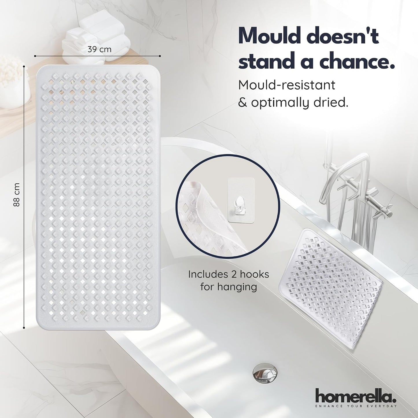 Bathtub Mat Non Slip Anti Mould 88x39cm - homerella® Shower Mat Machine Washable &amp; BPA free, Shower Mat Non Slip Anti Mould, Anti Slip Bath Mat, Shower Mats for Inside Shower and Tub