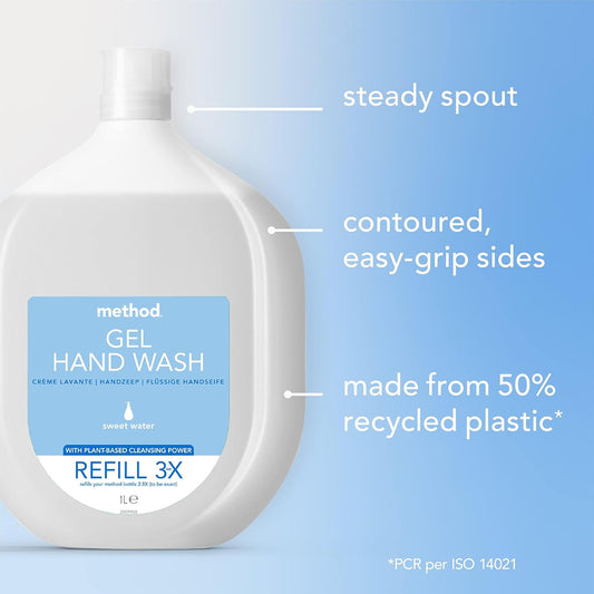 Method Hand Wash Refill, Hand Soap, Gentle Hand Cleansing, Fresh Sweet Water Scent, Pack of 1, 2 x 1L