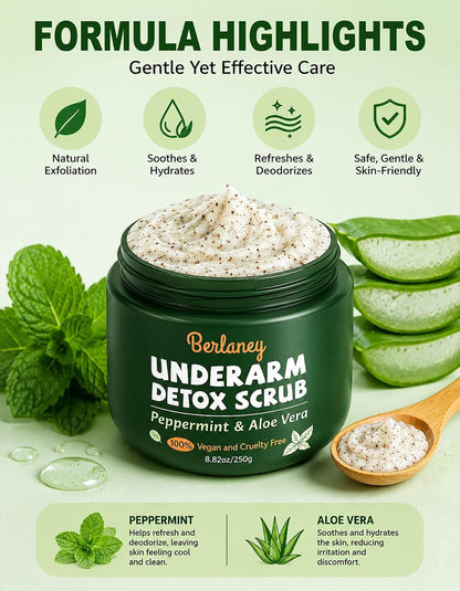 Body Scrub and Armpit Detox Scrub 8.8 oz with Peppermint, Aloe Vera and Walnut Shell Powder, Underarm Scrub Helps on Removing Odor, Deep Cleanse &amp; Exfoliating, for Legs, Knee, Feet, Hands Whole Body