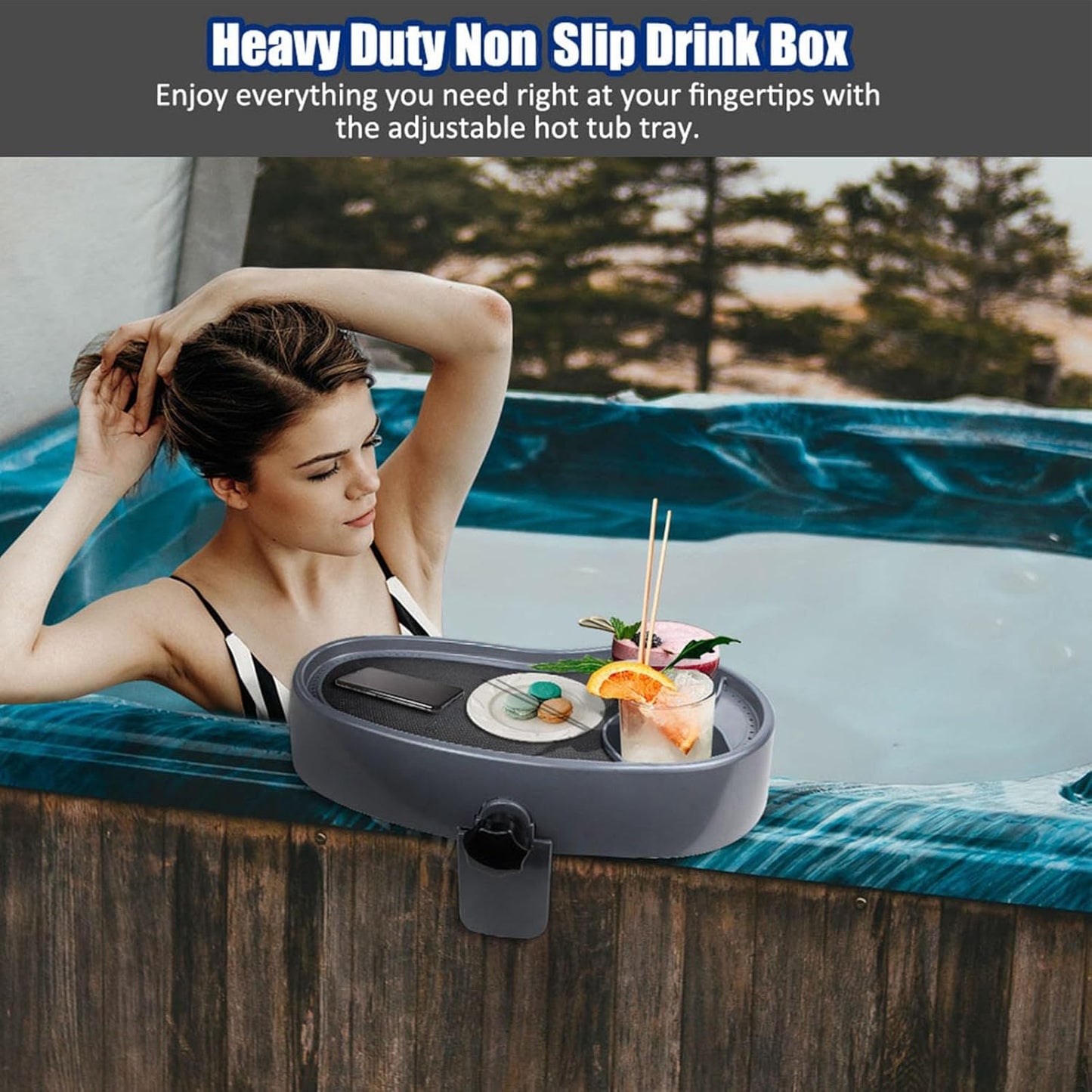 Adjustable Hot Tub Tray Table, Plastic Nonslip Tub Side Table Drink Holder with Cup Holder Spa Drink Tray Side Table Accessories for Beverage Books Food