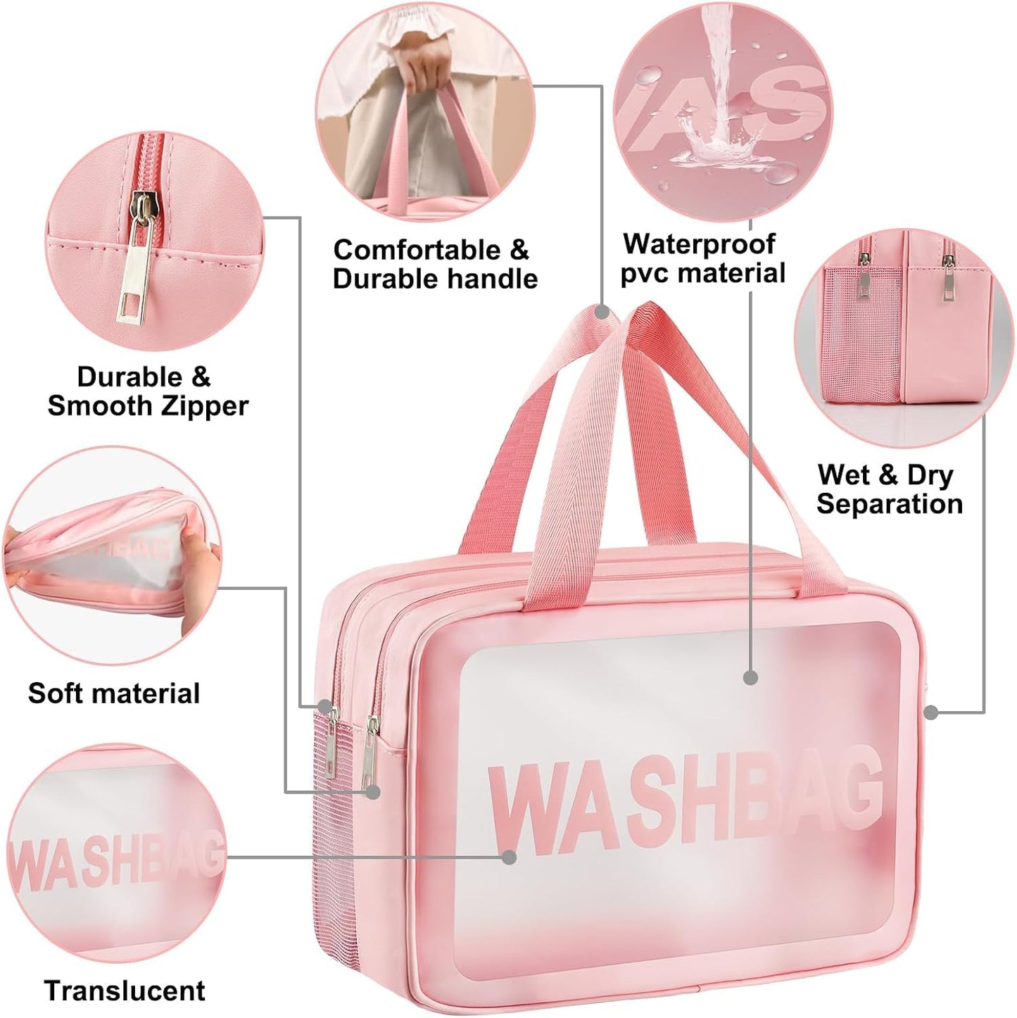 Clear Toiletry Bag, Wet Dry Separation PVC Makeup Cosmetic Bag, Large Capacity PVC Wash Bags with Handles for Women Girls Pink