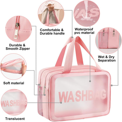 Clear Toiletry Bag, Wet Dry Separation PVC Makeup Cosmetic Bag, Large Capacity PVC Wash Bags with Handles for Women Girls Pink