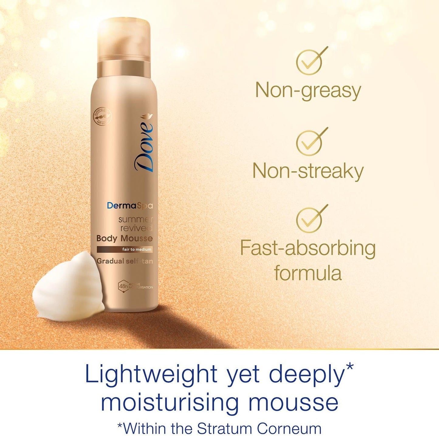 2 Pack of Dove DermaSpa Summer Revived 48 hours Active Moisturisation Fair to Medium Body Mousse 150ml