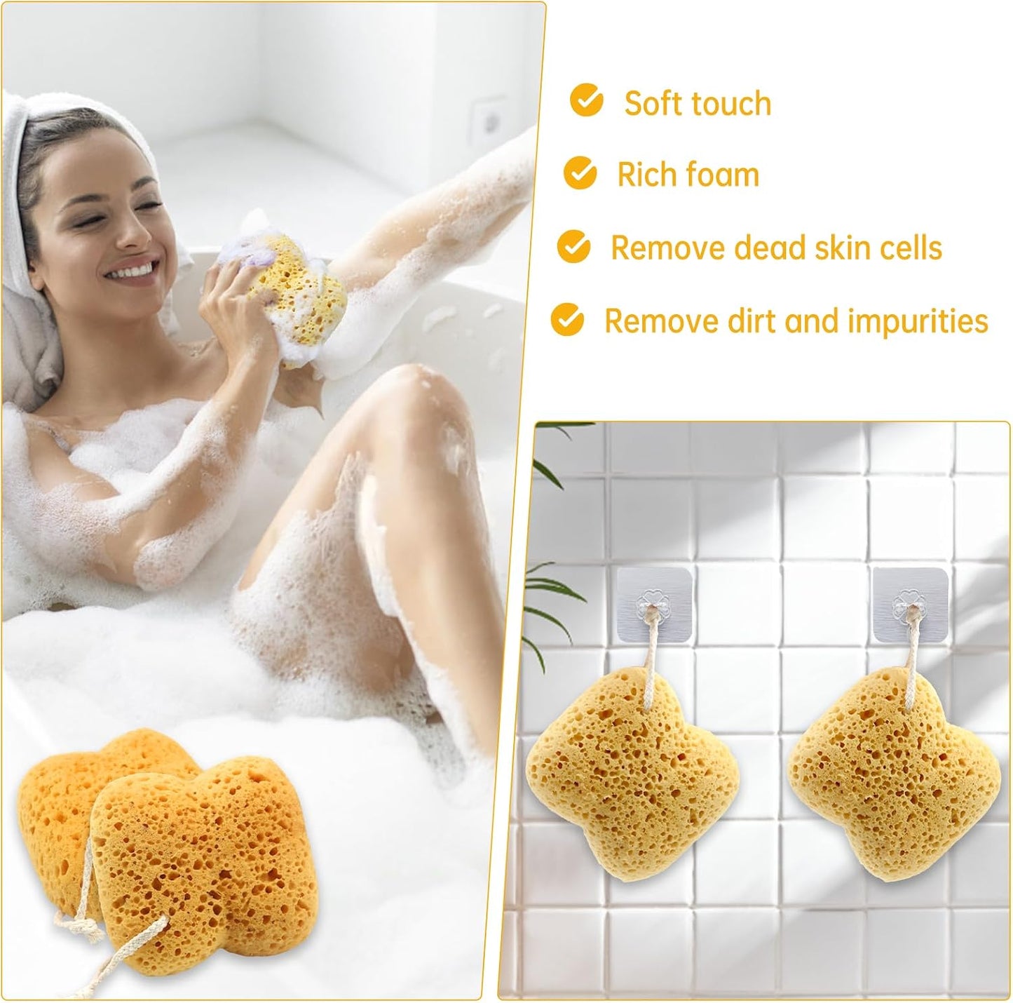 2Pcs Natural Sea Sponge,Larger Shower Sponges for Women Men, Exfoliating Body Sponge Dense Foam for Gentle &amp; Deep Cleansing, Ultra-Soft for Sensitive Dry Skin