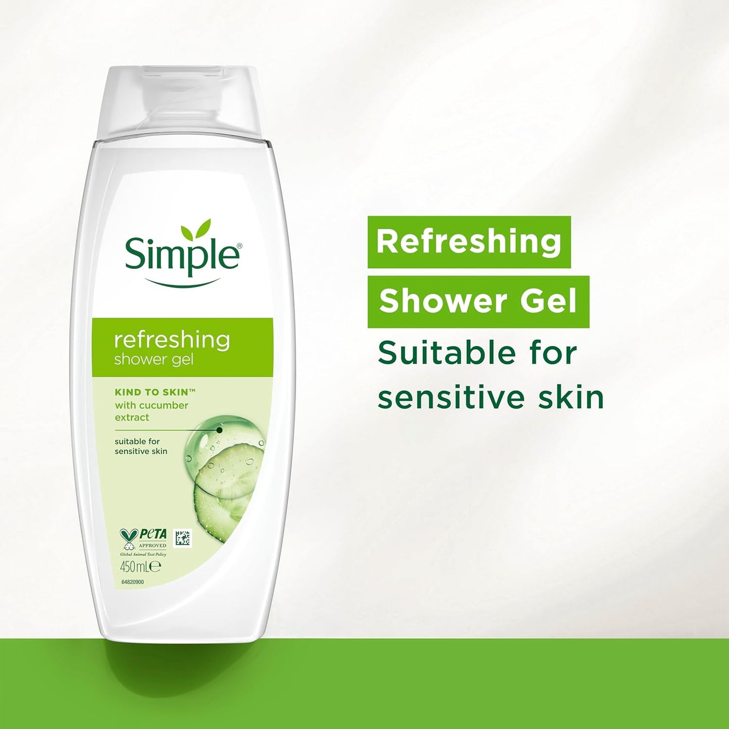 Simple Kind to Skin Refreshing Shower Gel Body Wash with cucumber extracts and pro-vitamin B5 for sensitive skin 6x 450 ml