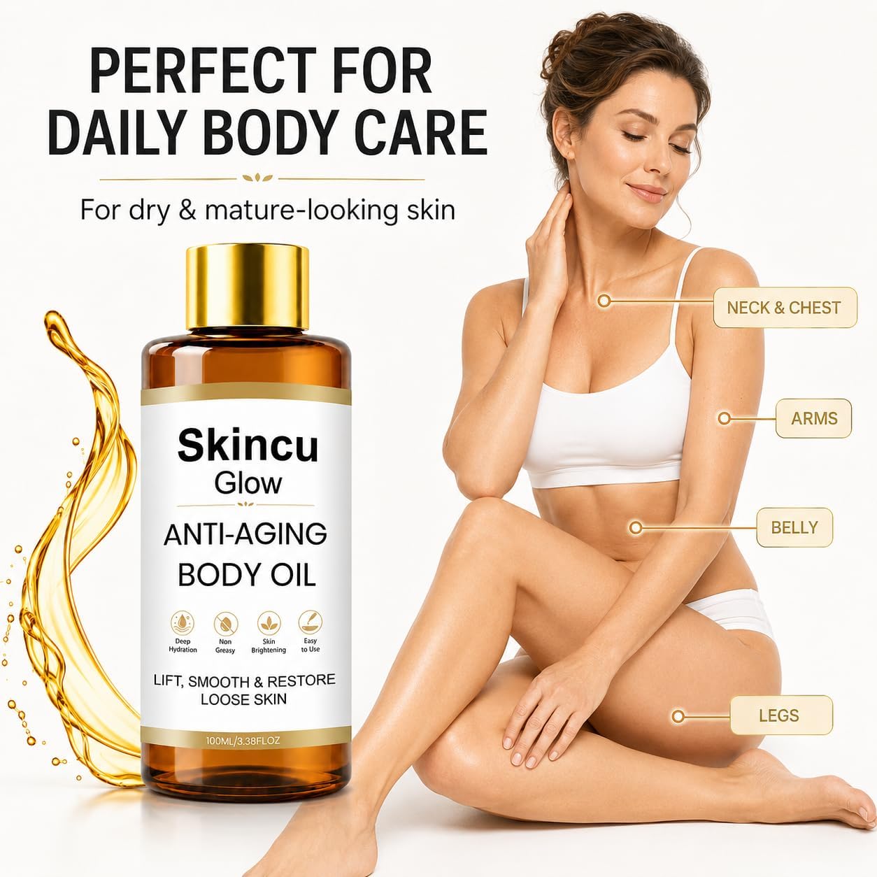 Skincu Anti Aging Body Oil for Women, Firming Body Oil for Dry Mature-Looking Skin, Lightweight Non Greasy Moisturising After Shower Massage Oil 100ml