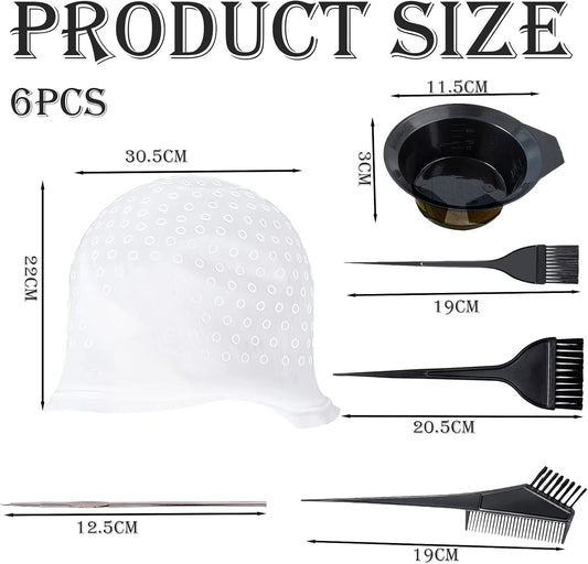 6 Pcs Silicone Highlight Cap Kit Highlight Caps with Coloring Hair Hook Hair Dye Cap Kit highlight cap and hook kit with Hair Coloring Brushes and Needle highlighting cap highlighting kit
