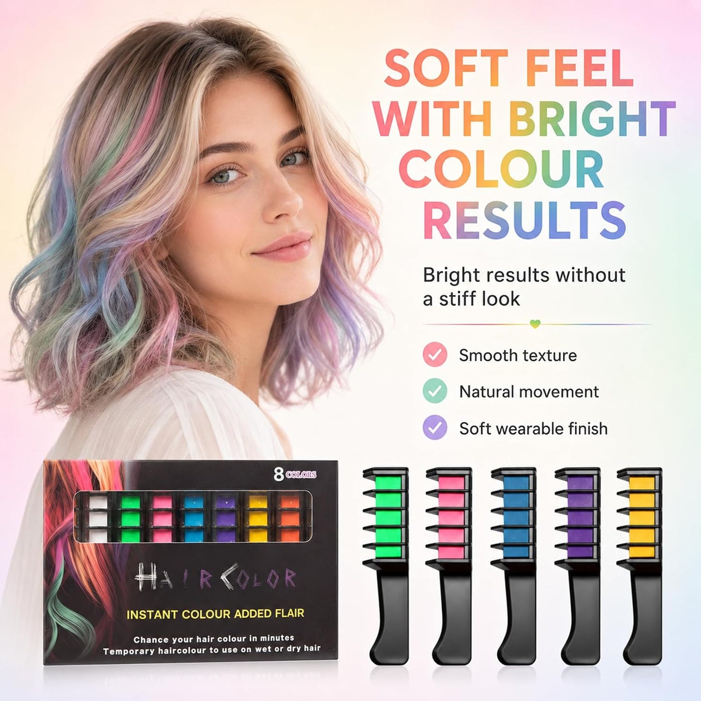8PCS Rainbow Fun Washable Hair Chalk Comb Set - Easy-Glide Temporary Hair Colour for Layered Rainbow Streaks, Creative Festival Looks, Wash-Out Party Styling &amp; Colourful Weekend Fun