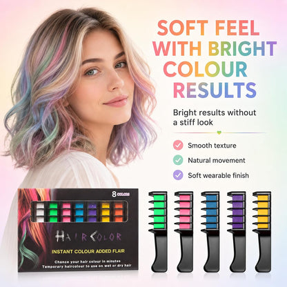 8PCS Rainbow Fun Washable Hair Chalk Comb Set - Easy-Glide Temporary Hair Colour for Layered Rainbow Streaks, Creative Festival Looks, Wash-Out Party Styling &amp; Colourful Weekend Fun