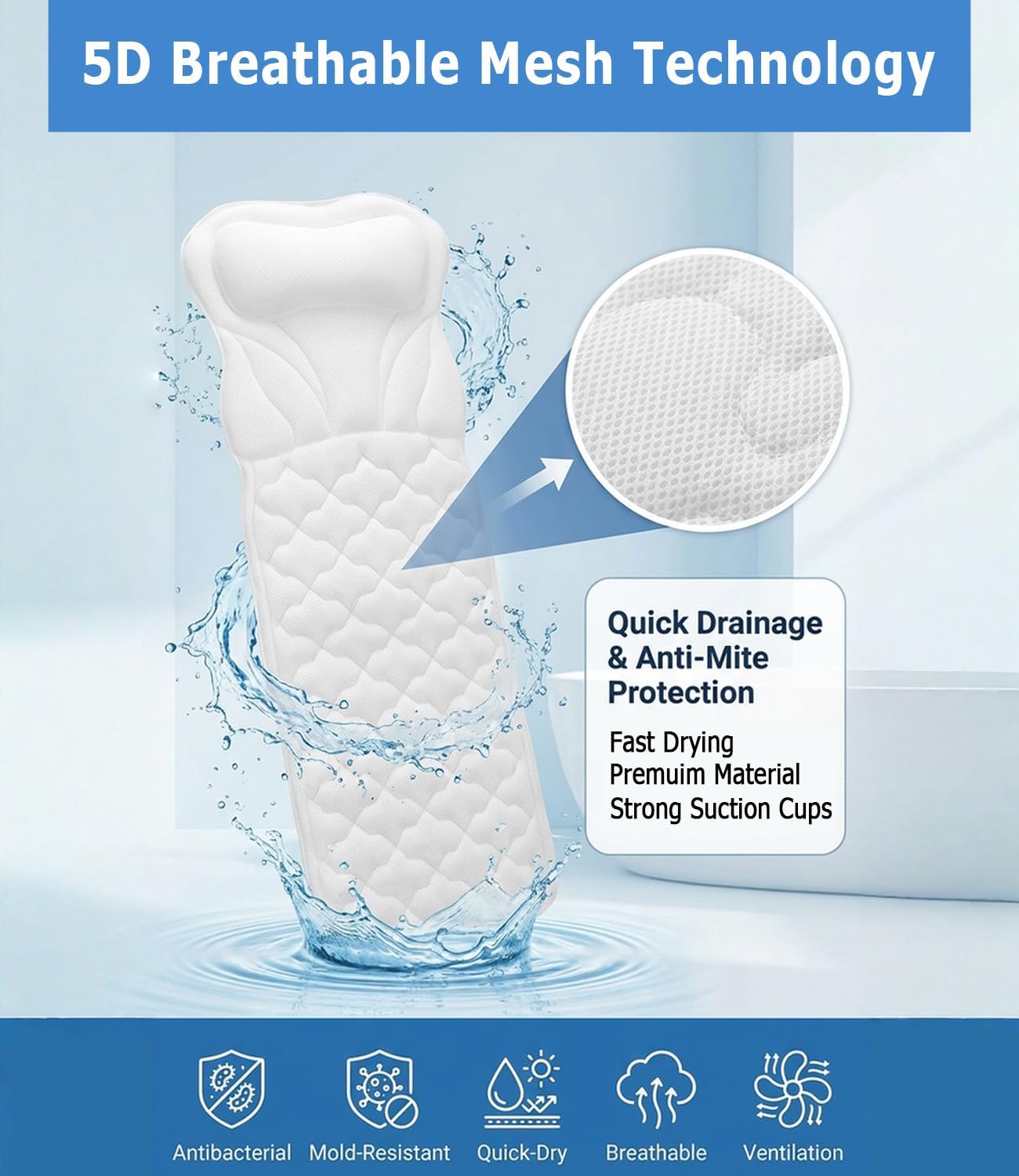 Full Body Bath Pillow for Bathtub: Ergonomic Design Support Bath Mat with Pillow 5D Air Mesh and 16 Powerful Suction Cups for Women Home Tub Relaxing Spa Fits All Bathtub
