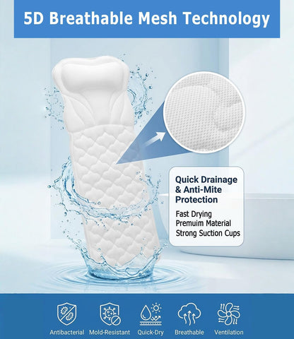 Full Body Bath Pillow for Bathtub: Ergonomic Design Support Bath Mat with Pillow 5D Air Mesh and 16 Powerful Suction Cups for Women Home Tub Relaxing Spa Fits All Bathtub