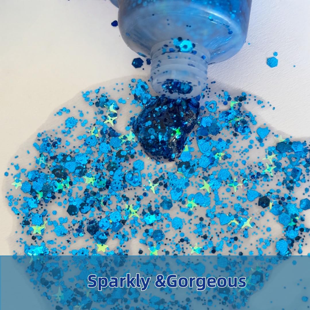 Blue Body Glitter Gel, 50ml Hair Glitters, Face Sequins Shimmer Liquid Eyeshadow, Mermaid Sequins Festival Glitter Chunky Glitters for Eye Hair Lip Nail DIY Art Party (Blue)
