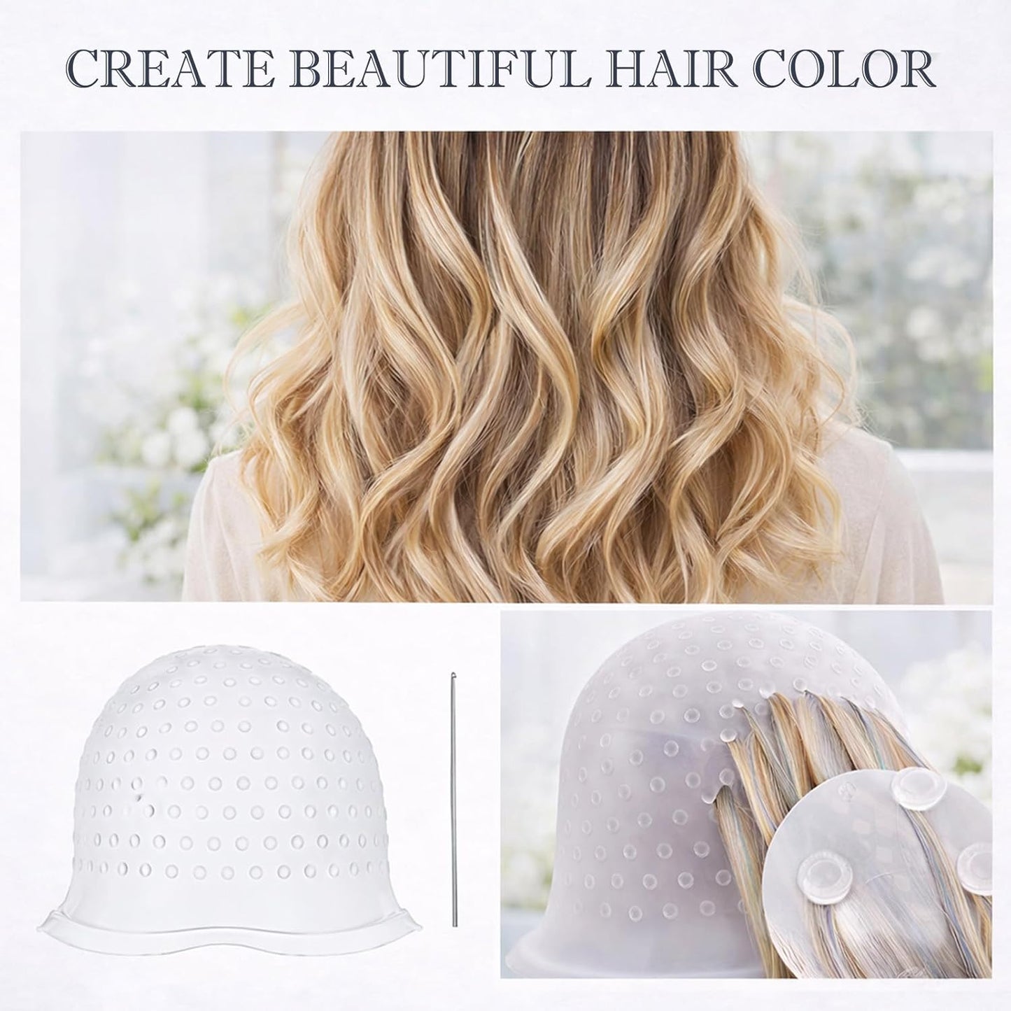 Punched Hole Silicone Highlighting Cap with Hook Needle Reusable Hair Dye Tool Kit — Precise Balayage Ombre Highlights Application for Salon and Home Use Durable Colour Tinting Hair Cap