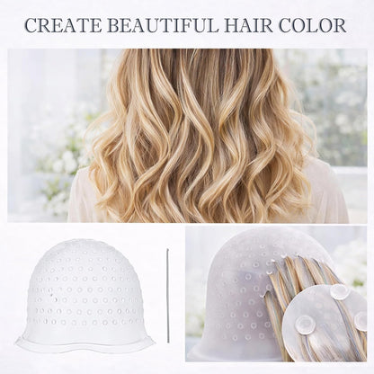 Punched Hole Silicone Highlighting Cap with Hook Needle Reusable Hair Dye Tool Kit — Precise Balayage Ombre Highlights Application for Salon and Home Use Durable Colour Tinting Hair Cap
