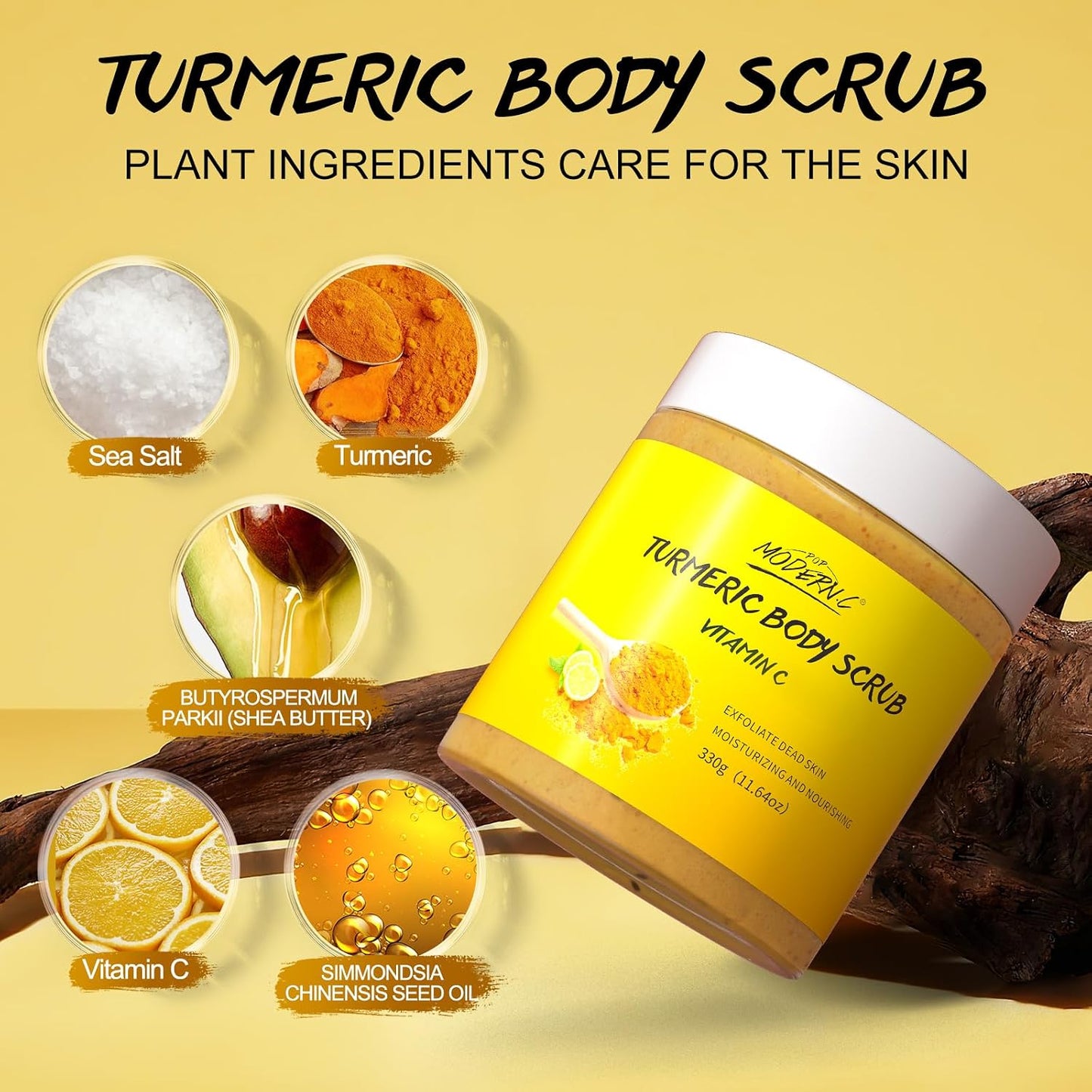 Turmeric and Vitamin C Body Scrub, Exfoliating Scrub, Remove Dead Skin Improve Dark Spots Acne, Natural Deep Cleansing, Exfoliator for Body Butt Bikini Area, Body Care for Men Women, with Loofah