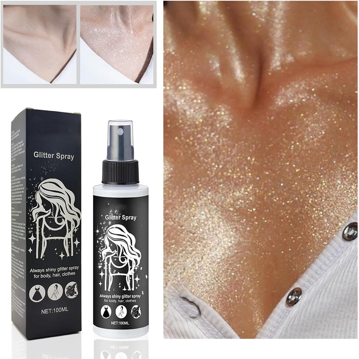 Long-Lasting Silver Hair and Body Glitter Spray, 100ml Shimmer for Face, Multi-Purpose Party and Makeup