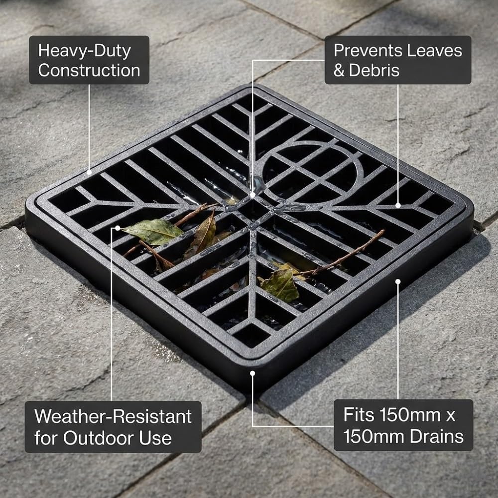 Square Outdoor Drain Cover 150mm x 150mm (6 x 6 in) Heavy Duty Drain Grate Cover for Gardens Patios Driveways Prevents Leaves and Debris Blocking Drainage Durable Weather Resistant for Outdoor Use