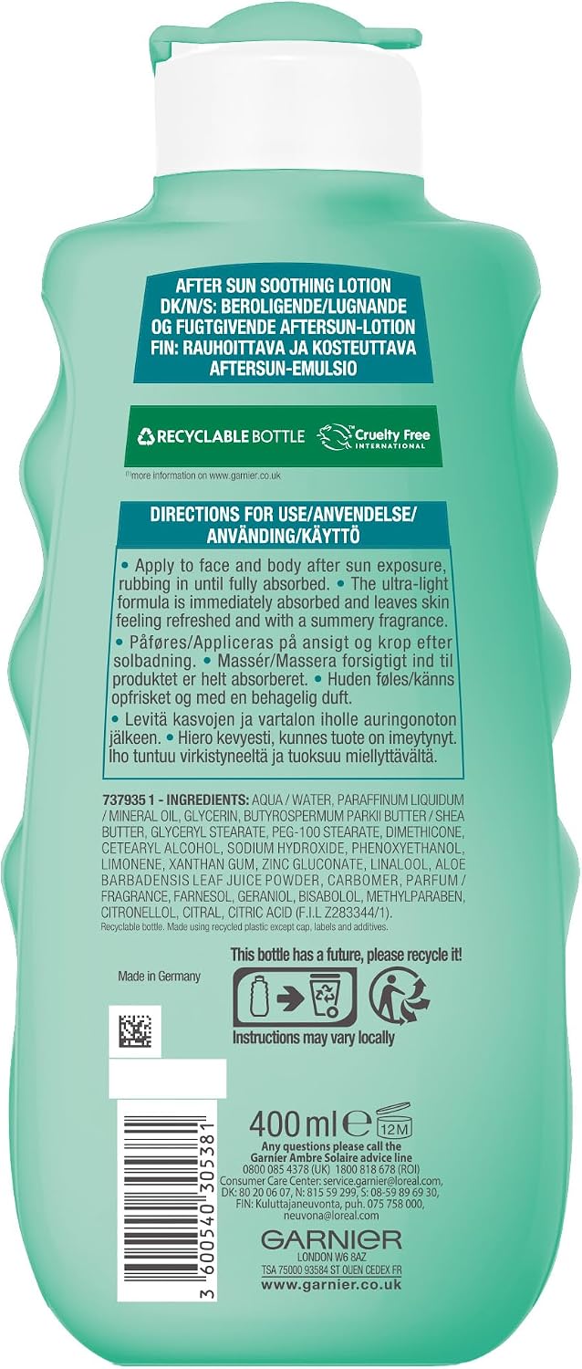 Garnier Ambre Solaire After Sun Lotion, for Face &amp; Body, with Naturally Derived Aloe Vera, Intensely Rehydrates Skin, Instant Cooling Effect, Approved by Cruelty Free International, 400 ml