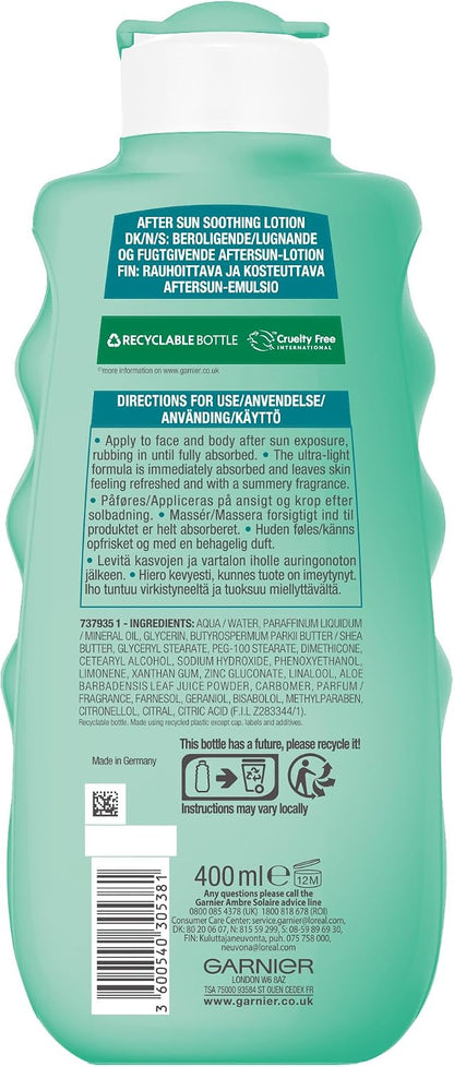 Garnier Ambre Solaire After Sun Lotion, for Face &amp; Body, with Naturally Derived Aloe Vera, Intensely Rehydrates Skin, Instant Cooling Effect, Approved by Cruelty Free International, 400 ml