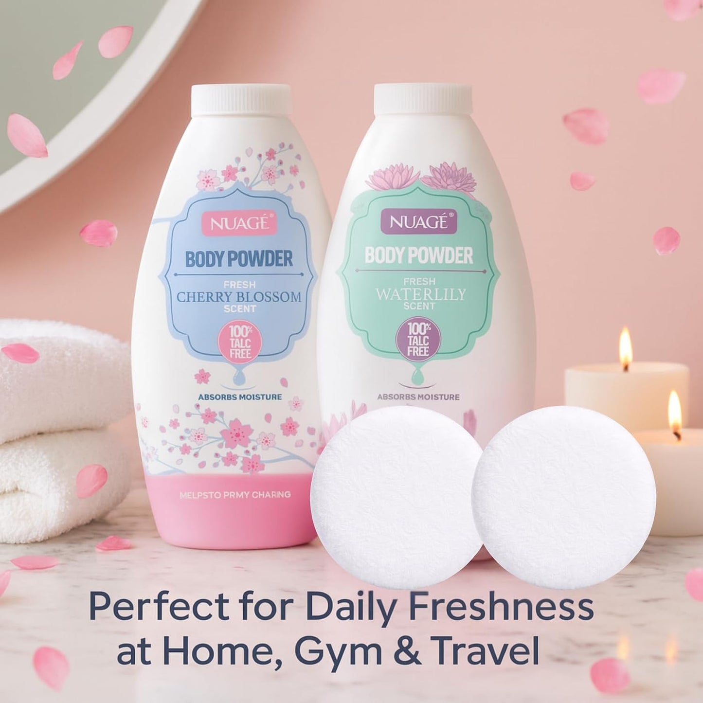 New Nuage Talc Free Body Powder, Cherry Blossom and Waterlily Scent, 250g, 2 Pack with 2X Upgraded Powder Puffs, Anti-Chafing, Absorbs Moisture for Men &amp; Women | AJ Traders Bundle |