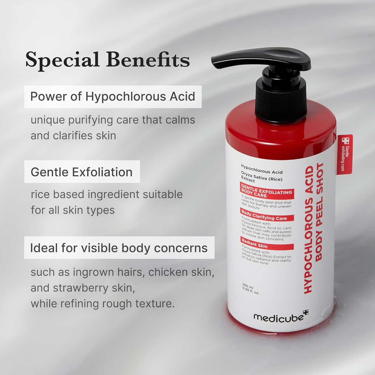 medicube Body Peel Shot with Hypochlorous Acid | Gentle Body Exfoliating Serum for Dead Skin Cells, Rough Patches &amp; Uneven Texture | Rice Extract, Panthenol for Hydrating &amp; Smoothing Care | 9.46 fl.oz